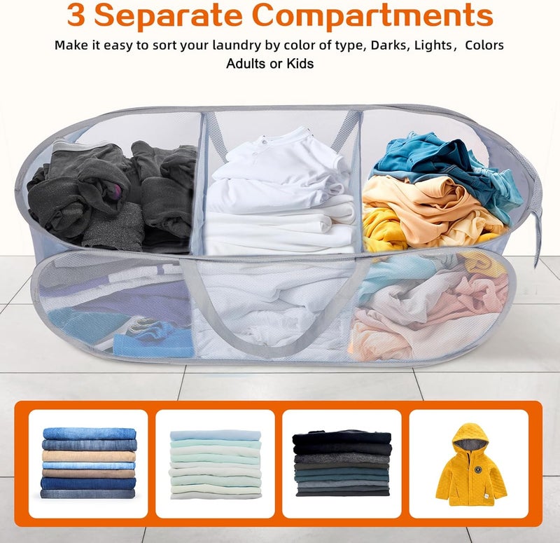 Bemkoo Durable Collapsible Foldable Pop Up Laundry Hamper, Sturdy 3 Compartments, Handy Pocket & Easy to Sort Clothes Hampers for Dorm, Kids Room, Travel - Grey - Image 3